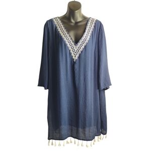 Kona Sol Womens Navy Blue BOHO Embroidered Tassel Hem V-Neck Cover-up Dress Sz M
